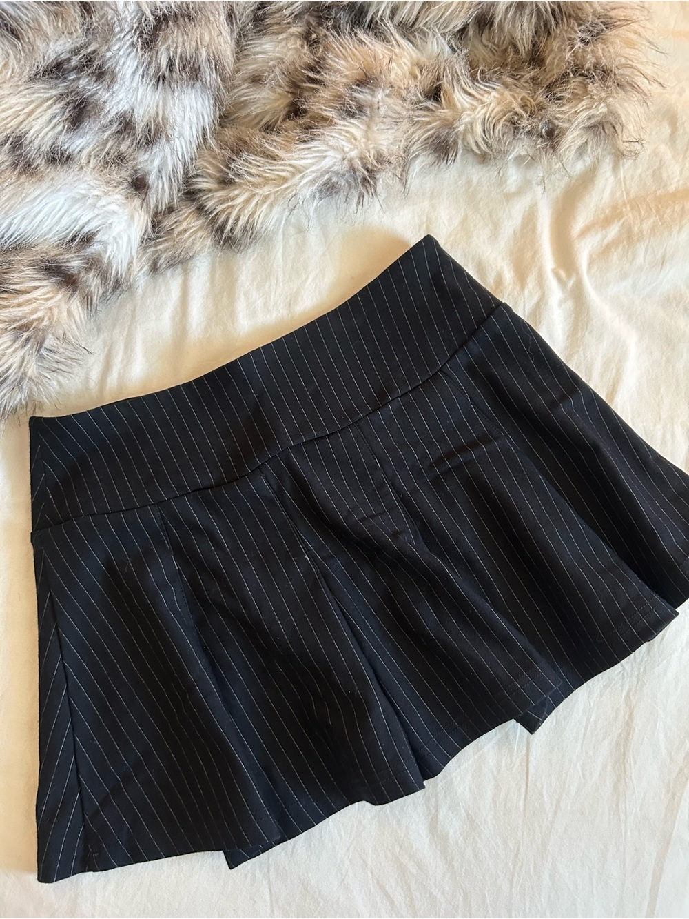 Black Pinstripe Pleated Mini Skirt